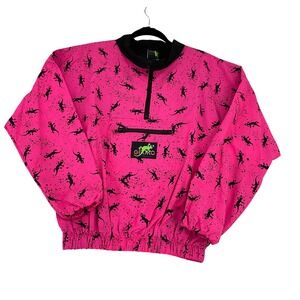 Gecko Hawaii Vintage Neon Pink Gecko Print Nylon Windbreaker Small Mens